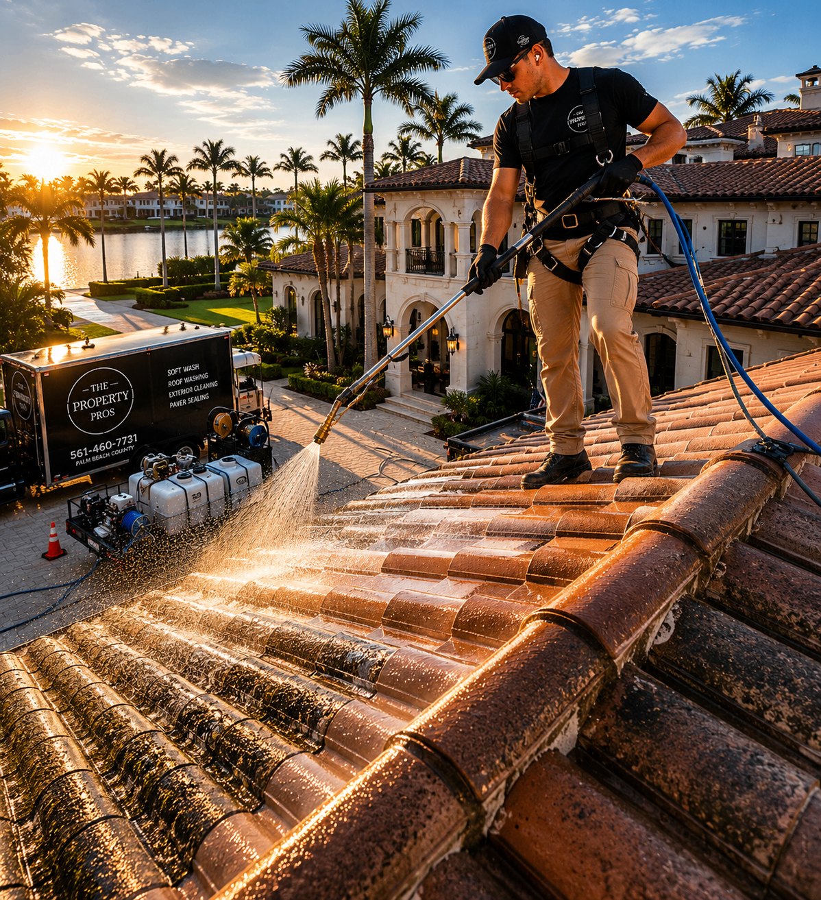 Soft wash roof cleaning Palm Beach County Florida tile roof stucco exterior low pressure